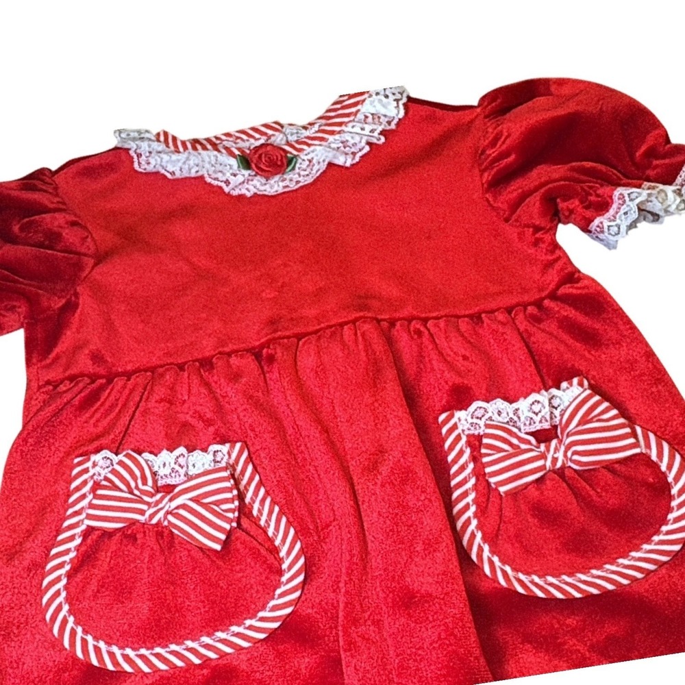 Vintage Evy Red Velvet Baby Romper Candy Stripe Infant Holiday Outfit Lace Sz 3M - Picture 6 of 7
